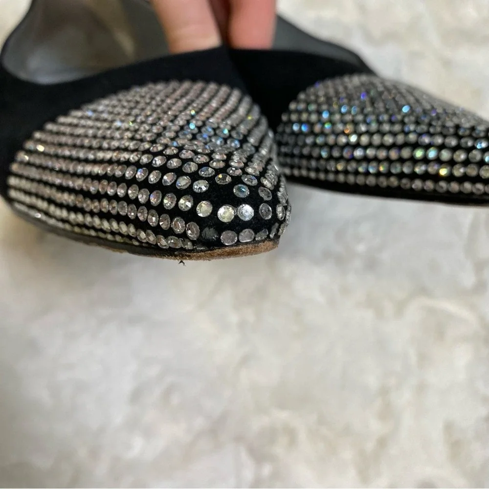 Escada Vero Cuoio Black Pointed Toe Crystal Rhinestone Velvet‎ Flats Size 39.5
